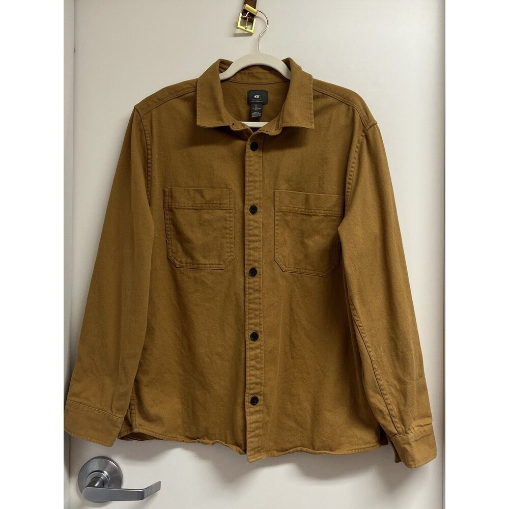 H&M Shirt Mens Medium Caramel  Brown Button Front Workwear Casual Cotton Blend